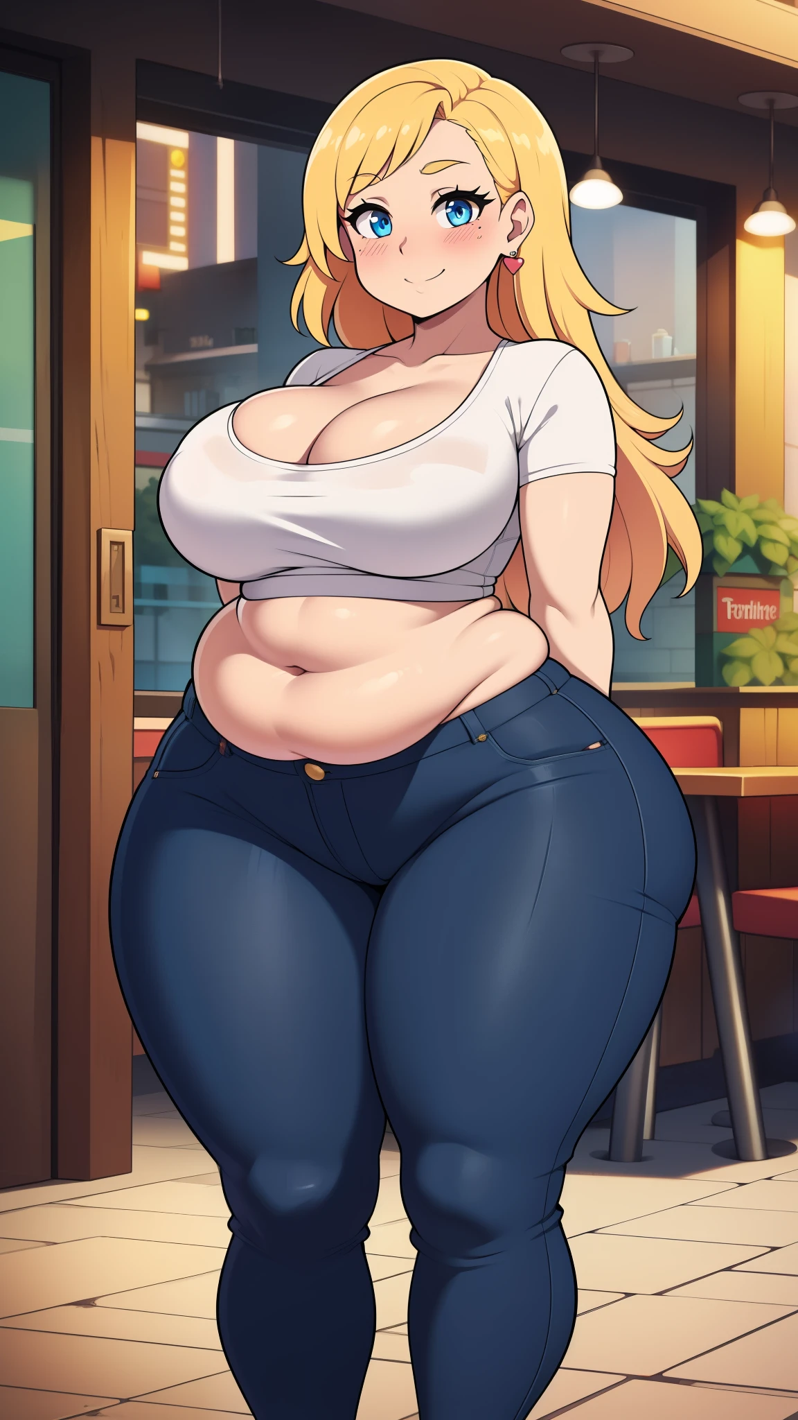 ((highres)), Masterpiece, high quality, best quality, beautiful, perfect lighting, detailed face, ultra cute face, looking at viewer, on a date, ((blush)), affectionate smile, ((1girl)), ((solo)), long blonde hair, fluffy hair, blue eyes, jeans, crop top, tight clothes, fast food restaurant, large breasts, cleavage, wide hips, ((thick thighs)), ((chubby)), chubby belly, standing, arms behind back, leaned over, cute pose,