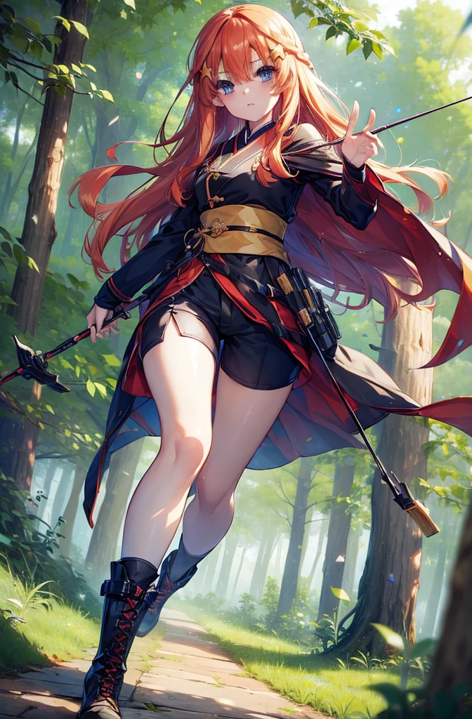 itsukinakano, itsuki nakano, bangs, blue eyes, Hair between the eyes, Redhead, star \(symbol\), hair ornaments, star hair ornaments,Long Hair,Owns an archery grip in the right hand,Carrying an archery bag,He has a quiver on one side, boots, Cape,gloves, red Knee socks, High heels, Shorts, Knee socks,whole bodyがイラストの中に入っていくように,歩いている
break outdoors, forest,forest林, break looking at viewer,whole body, 
break (masterpiece:1.2), Highest quality, High resolution, unity 8k wallpaper, (shape:0.8), (Fine and beautiful eyes:1.6), Highly detailed face, Perfect lighting, Highly detailed CG, (Perfect hands, Perfect Anatomy),