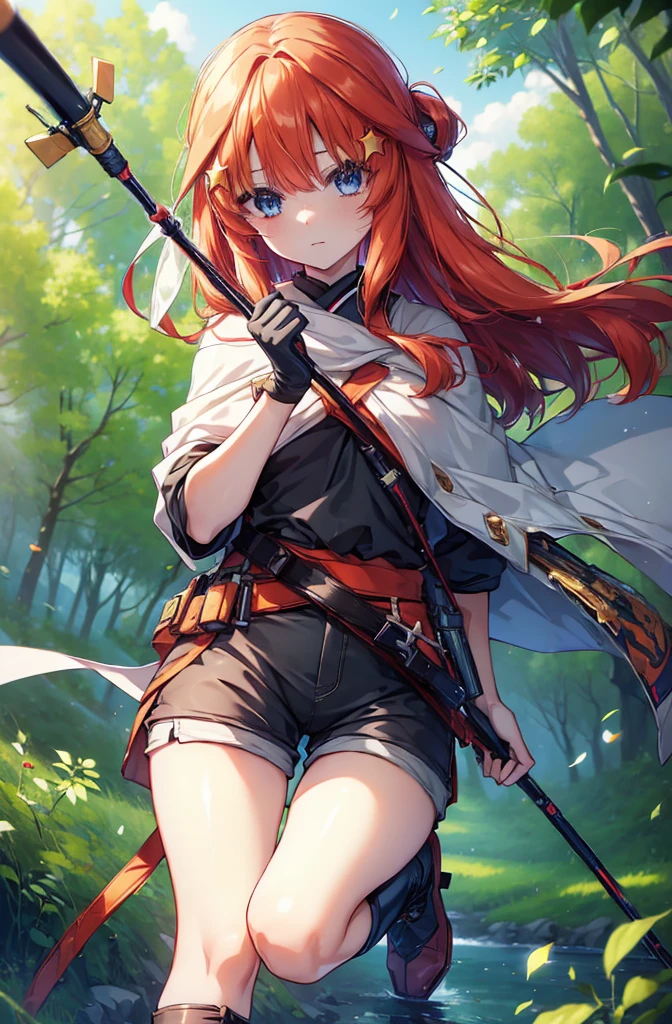 itsukinakano, itsuki nakano, bangs, blue eyes, Hair between the eyes, Redhead, star \(symbol\), hair ornaments, star hair ornaments,Long Hair,Owns an archery grip in the right hand,Carrying an archery bag,He has a quiver on one side, boots, Cape,gloves, red Knee socks, High heels, Shorts, Knee socks,whole bodyがイラストの中に入っていくように,歩いている
break outdoors, forest,forest林, break looking at viewer,whole body, 
break (masterpiece:1.2), Highest quality, High resolution, unity 8k wallpaper, (shape:0.8), (Fine and beautiful eyes:1.6), Highly detailed face, Perfect lighting, Highly detailed CG, (Perfect hands, Perfect Anatomy),