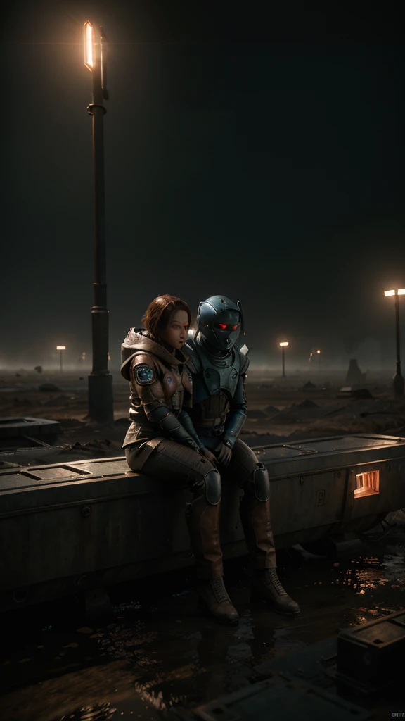 "A surreal and Hyper-realistic scene with three-headed alien-like figure, each head resembling a blue-skinned  with closed eyes and elongated features, sitting on a rusty, round mechanical platform floating on a misty, desolate swamp. The figure is wearing a beige jacket adorned with pink flower-like patterns. In the background, there is an old, rusted machine with a red-lit screen displaying various data and labels, connected with cables. The machine has antennas and wires protruding from its top. The overall atmosphere is eerie, with fog covering the swampy landscape, and the colors are muted, emphasizing the melancholic, dystopian setting.", 32k, UHD, cinematic chromatic, cinematic lighting, global illumination, chromatic light, photorealistic, ultra detailed, iluminación onírica, 85 mm, dramatic, low-key lighting on a mysterious, photorealistic , ultra photoreal , ultra detailed, intricate details. 