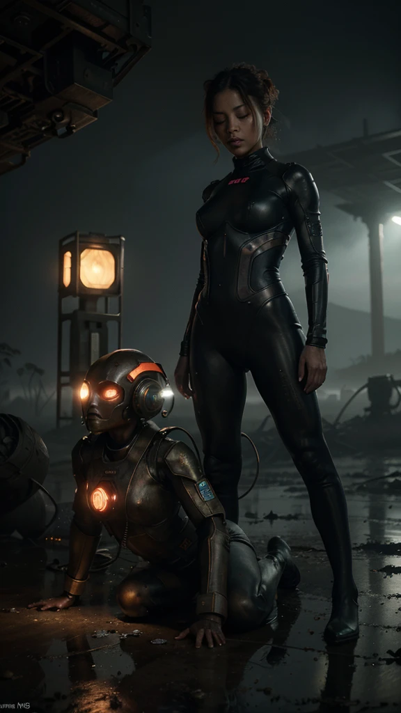 "A surreal and Hyper-realistic scene with three-headed alien-like figure, each head resembling a blue-skinned  with closed eyes and elongated features, sitting on a rusty, round mechanical platform floating on a misty, desolate swamp. The figure is wearing a beige jacket adorned with pink flower-like patterns. In the background, there is an old, rusted machine with a red-lit screen displaying various data and labels, connected with cables. The machine has antennas and wires protruding from its top. The overall atmosphere is eerie, with fog covering the swampy landscape, and the colors are muted, emphasizing the melancholic, dystopian setting.", 32k, UHD, cinematic chromatic, cinematic lighting, global illumination, chromatic light, photorealistic, ultra detailed, iluminación onírica, 85 mm, dramatic, low-key lighting on a mysterious, photorealistic , ultra photoreal , ultra detailed, intricate details. 