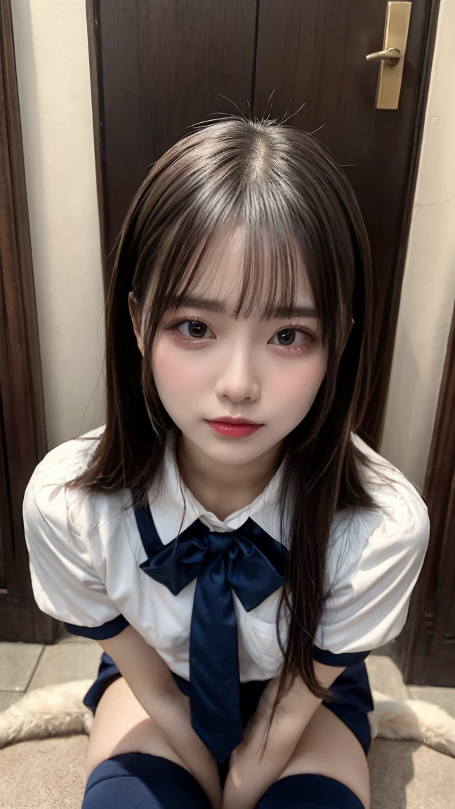 (Realistic depiction of eyes:1.3), ((1 Girl, 1 high school girl)), The background is a room in a luxury hotel、 uniform、blazer 、Super Short Check Uniform Skirt、Navy blue knee-high socks、garter belt、Huge 、Disheveled uniform, Short Bob Hair, Black hair color, Hugeな胸, Big Natural Color Lip, Bold sexy pose, (Perfect figure), Crying a little、Cold Stare, Harajuku Style、Beautiful Makeup,Glitter makeup,The cutest 18 year old, Beautiful feet, Burning idol pose, Voluptuous thighs、BREAK ceremony,((Random sexy poses、put in、Deep joy, Ecstatic eyes:1.2)), ((I gasp hard:1.2))、Ecstatic face、Climax expression, Through clenched teeth、My whole body is convulsing、Official Art,非常に詳細な CG Unity 8K 壁紙, (masterpiece:1.0),(Highest quality:1.0), photo shoot, 8K, Browsing Caution, High resolution, Kodak Portrait 400, Film Grain, Lens flare brilliance,Very low camera angle, View your audience