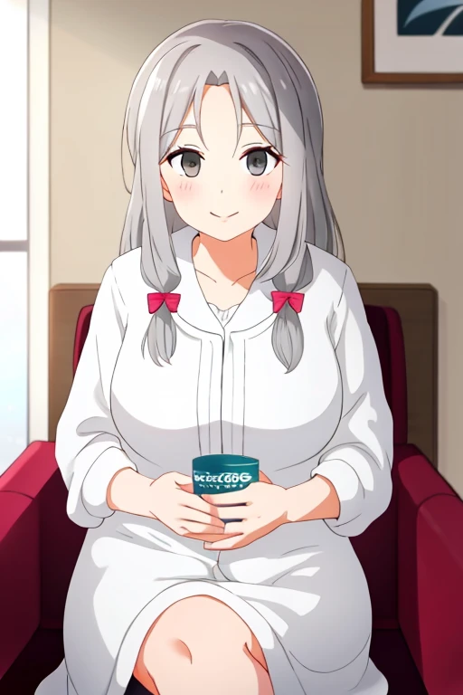 beautiful older woman with long grey hair and dark grey eyes