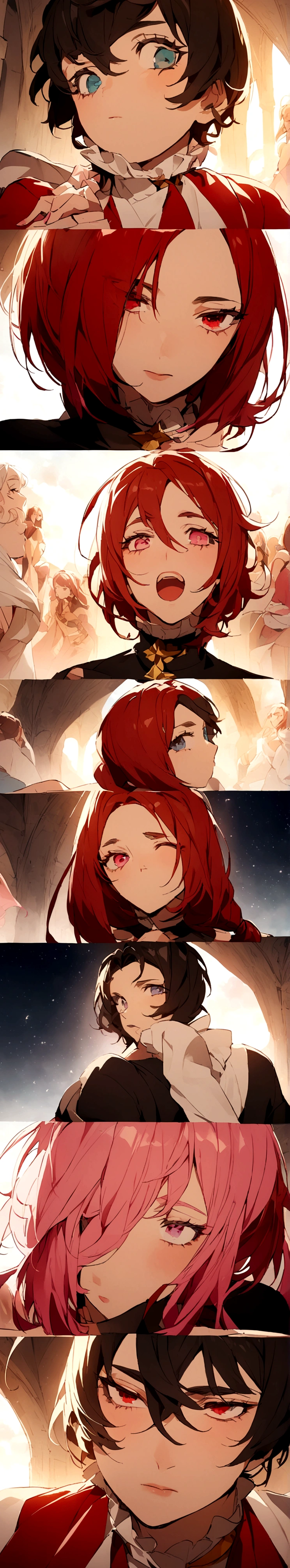 Screenshot of the seven deadly sins. A short-haired girl with a brown ponytail with pink strands in the corners with bangs. His eyes are different colors, His right eye is shiny black, his left eye is shiny dark red and he has a cheerful and fun personality.. He is wearing a , white with bright red stars, His sleeves are long but they are cut in half and he has brown pants.(And really look like a woman)