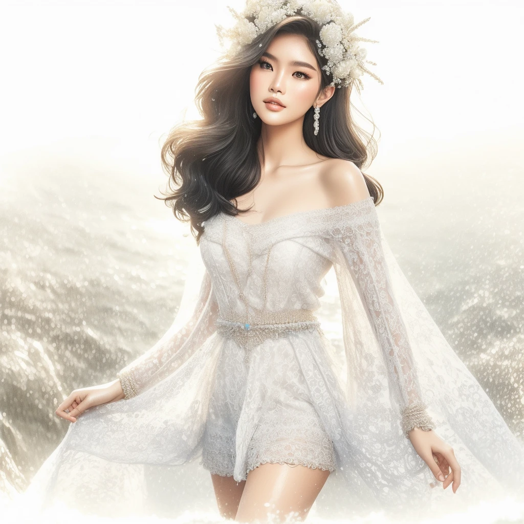 Thai women with beautiful faces and the most perfect bodies are charming and charming. The skin has a radiant, pearl-colored glow. Wearing a blue and white crochet dress. Take a walk along the seaside Evening atmosphere The sun is about to set There are waves crashing on the soft sandy beach.