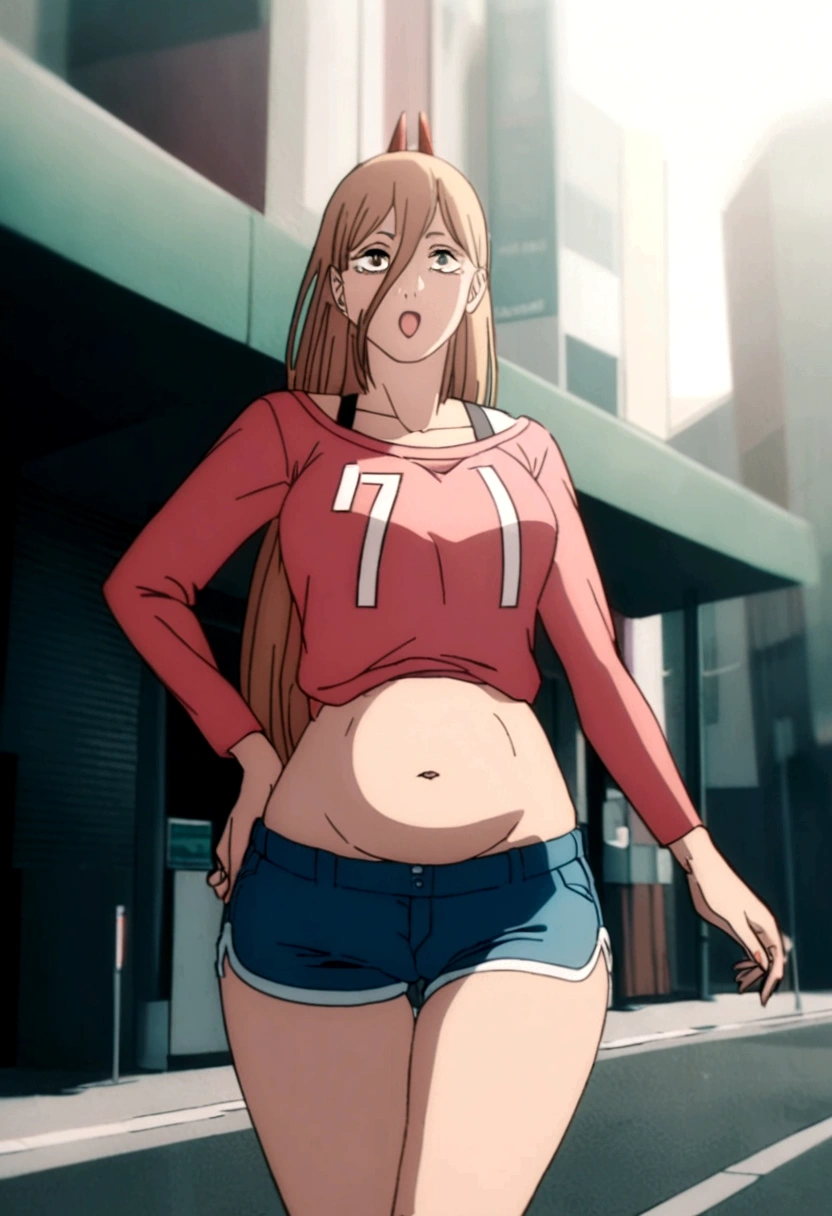 1 garora, wearing a short pink blouse showing her belly,in short shorts walking in the city