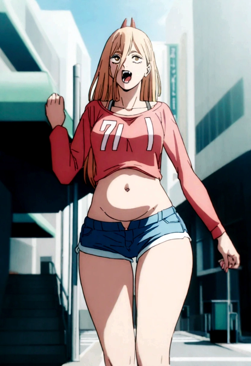 1 garora, wearing a short pink blouse showing her belly,in short shorts walking in the city