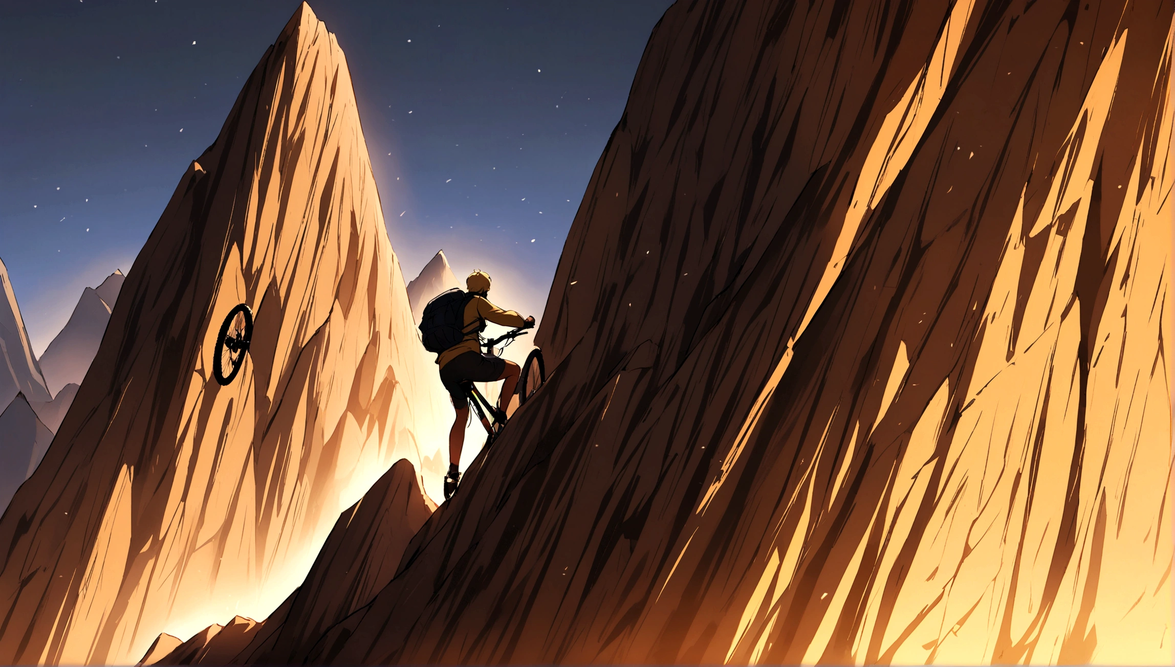 blonde man and dark-skinned woman climbing a mountain on an MTB bike

