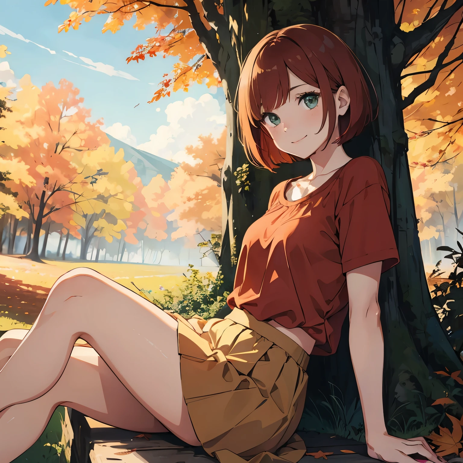 (masterpiece), best quality, emotionless eyes, perfect face, 1girl, solo, bob cut, red hair BREAK short hair, green eyes BREAK blush, cute smile, looking at viewer, freckles, breasts, red shirt BREAK orange skirt BREAK , sitting on log, autumn leaves, Autumn forest, trees, outdoors, day sky