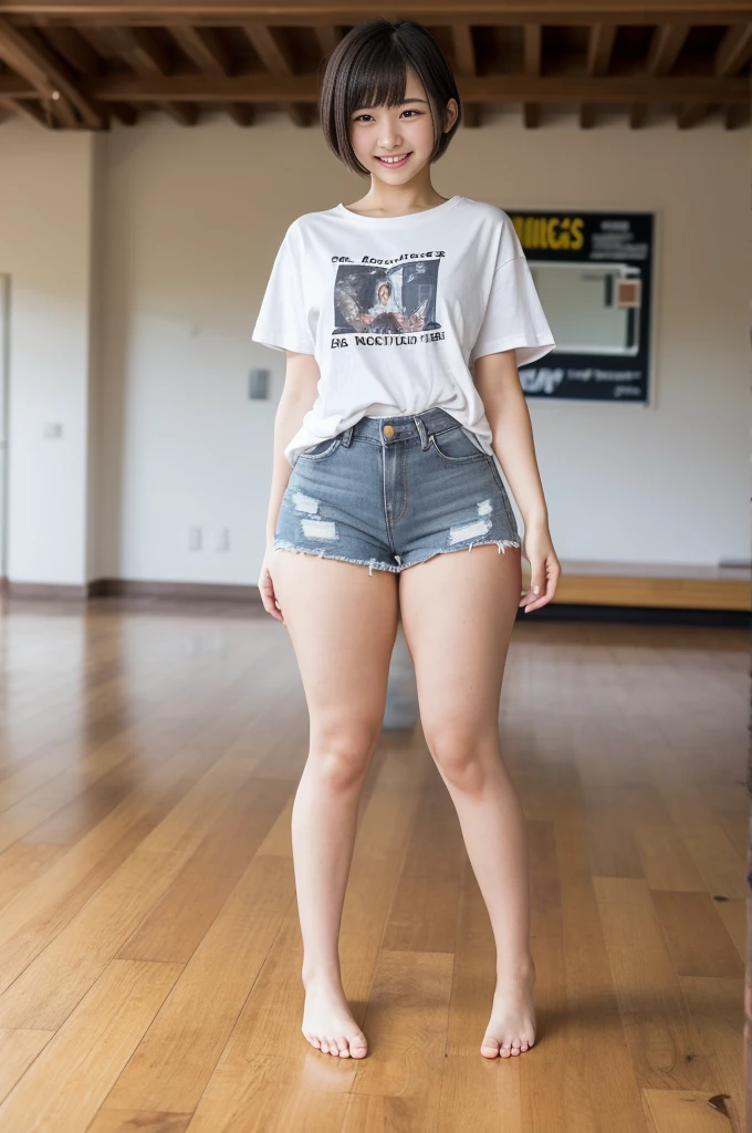 A girl, 18yo, cute smile girl, ((oversized T-shirt)), (gray denim shorts, small hreasts), ((((thick thighs)))), black pixie cut, huge breasts, in wooden floor school gym, half open mouth, (standing, view from front), full body shot, (barefoot)