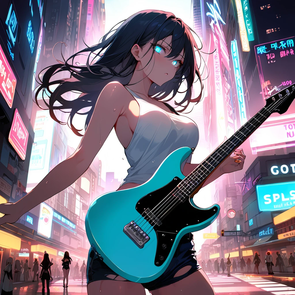 16K, High resolution, RTTX10.0, Ray Tracing, Natural light, Absurd, Top quality masterpiece, Perfect anatomy and highly detailed face, fine grain, Beautiful Hair, so beautiful, Edgy, Nice, Evil Aura, the wind is strong, Glowing Eyes, Big city intersection at night, Futuristic, Detailed Background, Awards, Neon Light, It was a hot topic on Art Station., Climax, Four girl band members in the background, Sweat is splashing, Wet white tank top, (((Torn blue shorts))), 自然A pose, Intense movement, color々A pose, (((Singing while playing electric guitar))), Concentrated on the music, it's raining