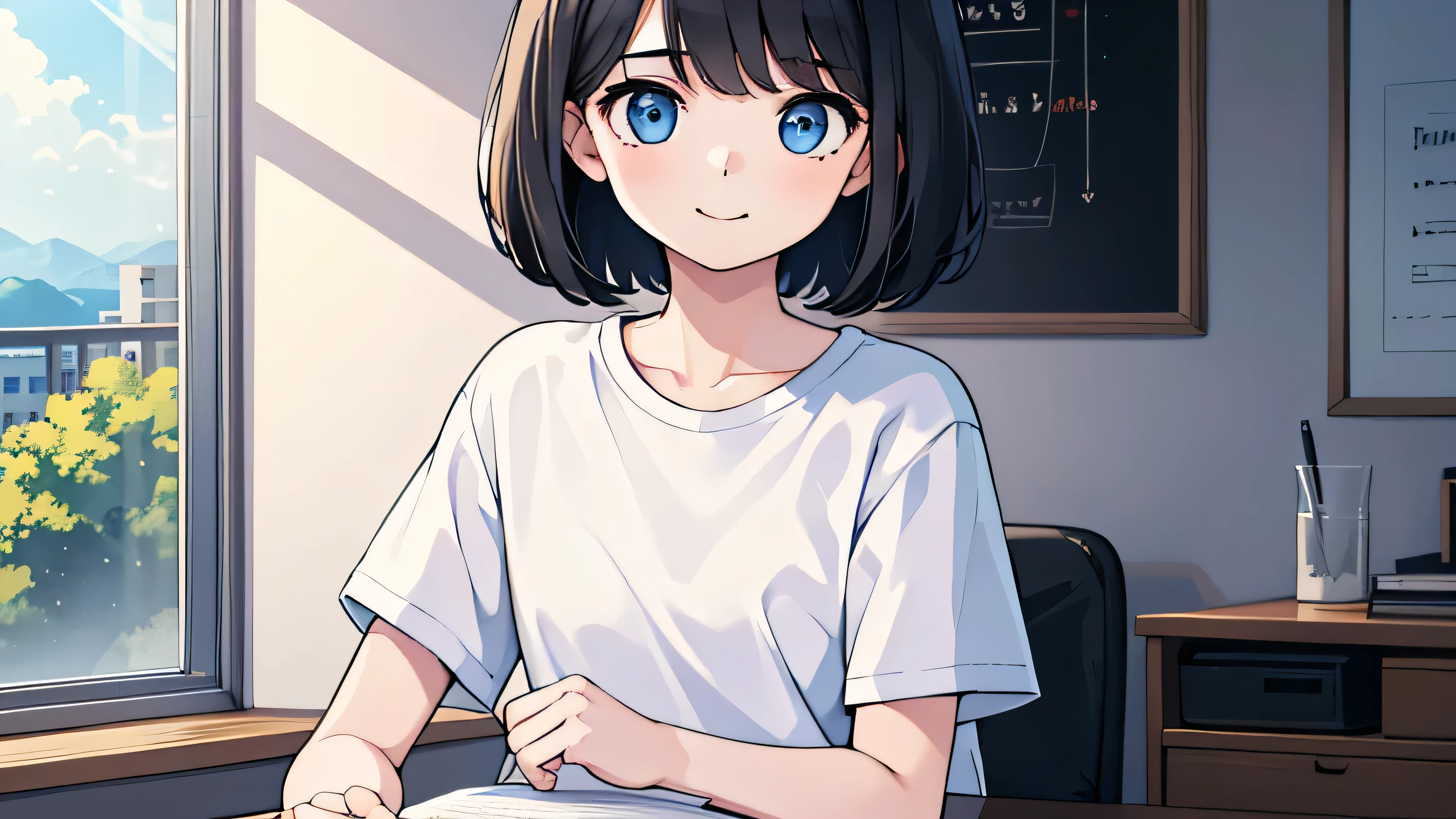 1girl, solo, blue eyes,(detailed eyes), gentle smile flat chest, short hair, black hair, ((white t-shirt)), simple t-shirt, black skirt, black socks, standing, upper body, ((masterpiece, illustration, best quality)) Studying Focused face on desk inside in room By morning with light glowing Morning view