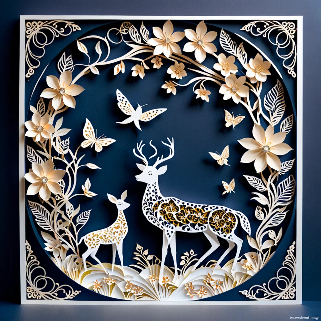 Create a detailed paper cutout artwork depicting a scene that combines intricate patterns with various flowers. The scene should include a harmonious blend of elaborate, decorative patterns interwoven with different types of flowers such as roses, lilies, and cherry blossoms. The patterns should enhance and complement the shapes and colors of the flowers, creating a seamless integration between the floral elements and the abstract designs. The artwork should evoke a sense of beauty and intricacy, highlighting the elegance and charm of both the patterns and the flowers. The overall mood should be artistic and enchanting, capturing the delicate beauty of nature through detailed design.