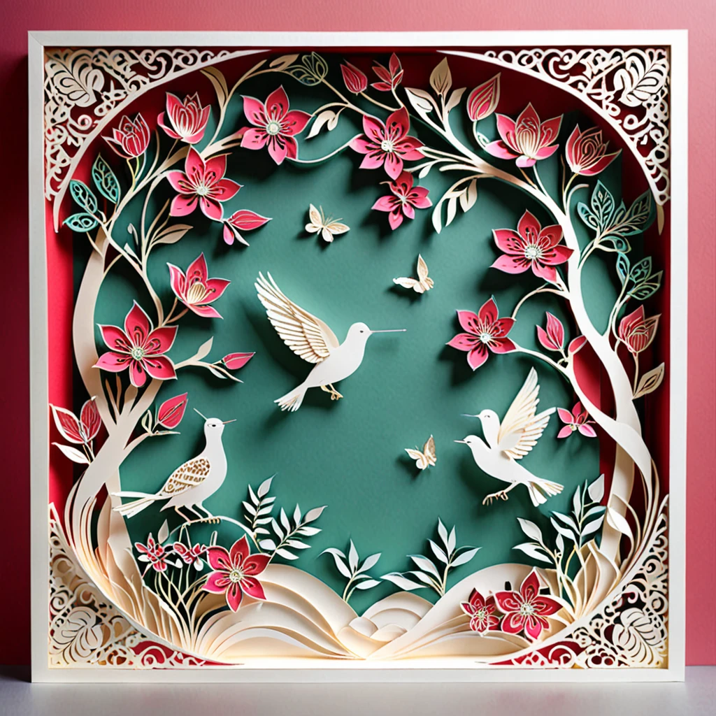 Create a detailed paper cutout artwork depicting a scene that combines intricate patterns with various flowers. The scene should include a harmonious blend of elaborate, decorative patterns interwoven with different types of flowers such as roses, lilies, and cherry blossoms. The patterns should enhance and complement the shapes and colors of the flowers, creating a seamless integration between the floral elements and the abstract designs. The artwork should evoke a sense of beauty and intricacy, highlighting the elegance and charm of both the patterns and the flowers. The overall mood should be artistic and enchanting, capturing the delicate beauty of nature through detailed design.