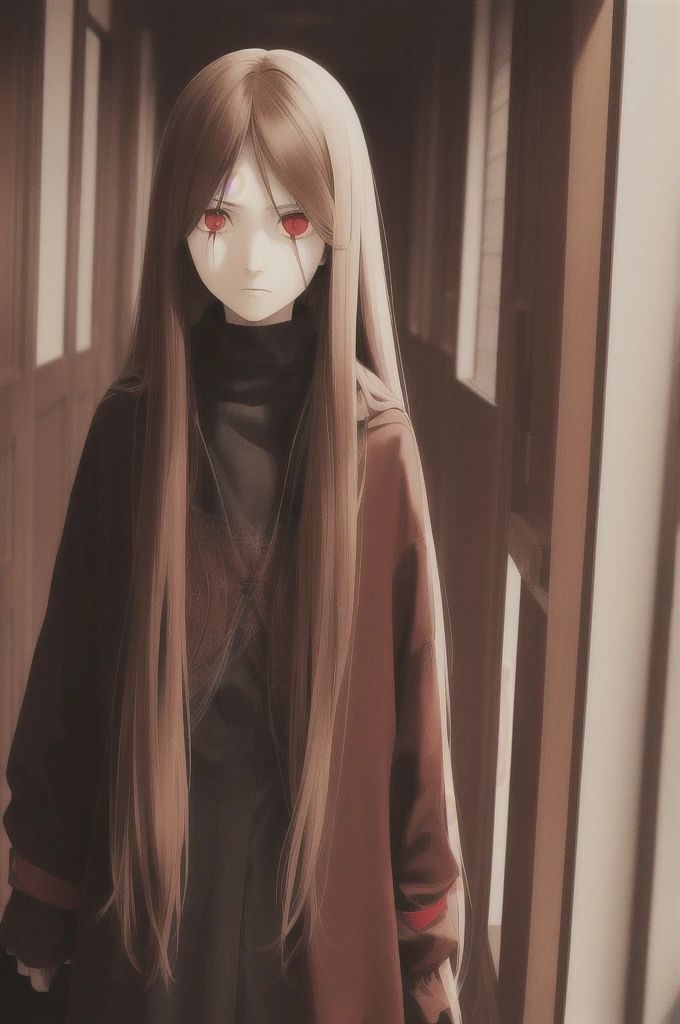 woman, long straight light brown hair, red eyes, with old clothes, dark inhabitant of terror, alone, scary face