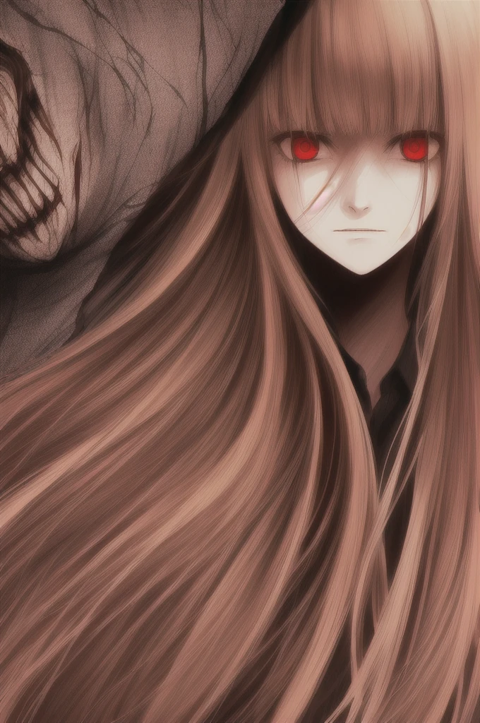 woman, long straight light brown hair, red eyes, with old clothes, dark inhabitant of terror, alone, scary face