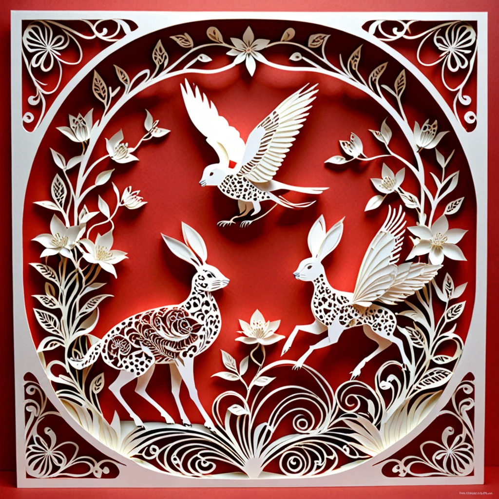 Create a detailed paper cutout artwork depicting a scene that combines intricate patterns with various flowers. The scene should include a harmonious blend of elaborate, decorative patterns interwoven with different types of flowers such as roses, lilies, and cherry blossoms. The patterns should enhance and complement the shapes and colors of the flowers, creating a seamless integration between the floral elements and the abstract designs. The artwork should evoke a sense of beauty and intricacy, highlighting the elegance and charm of both the patterns and the flowers. The overall mood should be artistic and enchanting, capturing the delicate beauty of nature through detailed design.