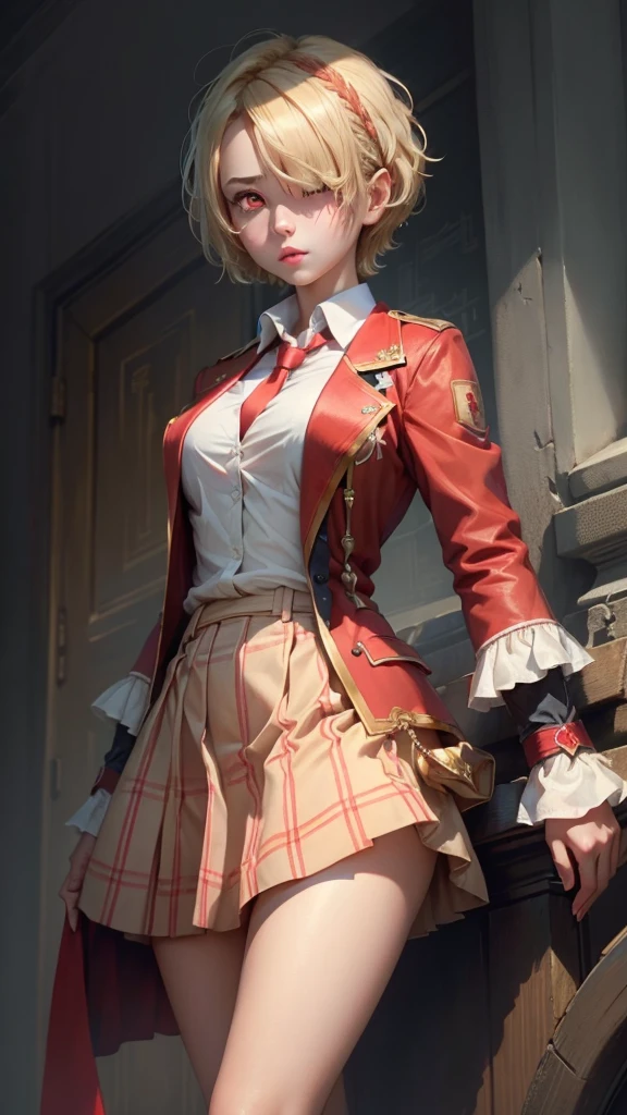 ((masterpiece))、(((Highest quality)))、((Super detailed)),(Blonde Short Hair)、(Barrette)、(((Hair on one eye)))、(Red eyes)、blazer、White shirt、Red tie、Checkered Skirt