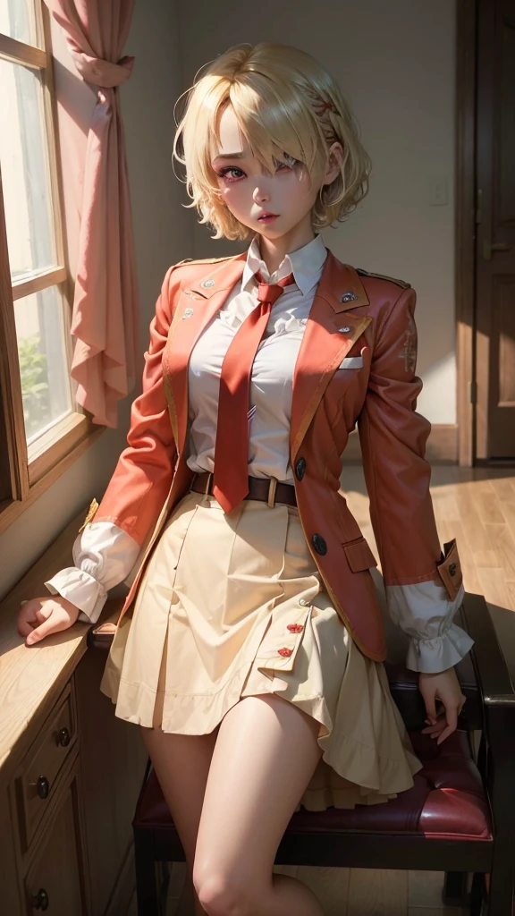 ((masterpiece))、(((Highest quality)))、((Super detailed)),(Blonde Short Hair)、(Barrette)、(((Hair on one eye)))、(Red eyes)、blazer、White shirt、Red tie、Checkered Skirt