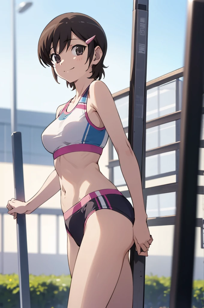 solo, 1girl, looking at viewer, 2D, , chihiro kosaka, , looking at viewer, smile,sports bra,panties,outdoor,medium breasts