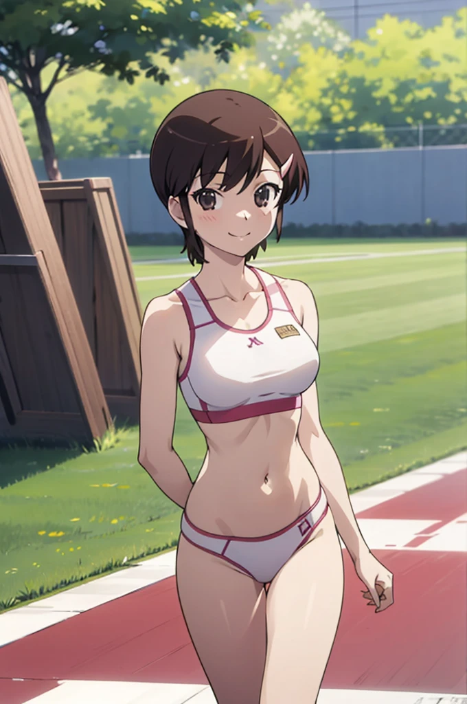 solo, 1girl, looking at viewer, 2D, , chihiro kosaka, , looking at viewer, smile,sports bra,panties,outdoor,medium breasts