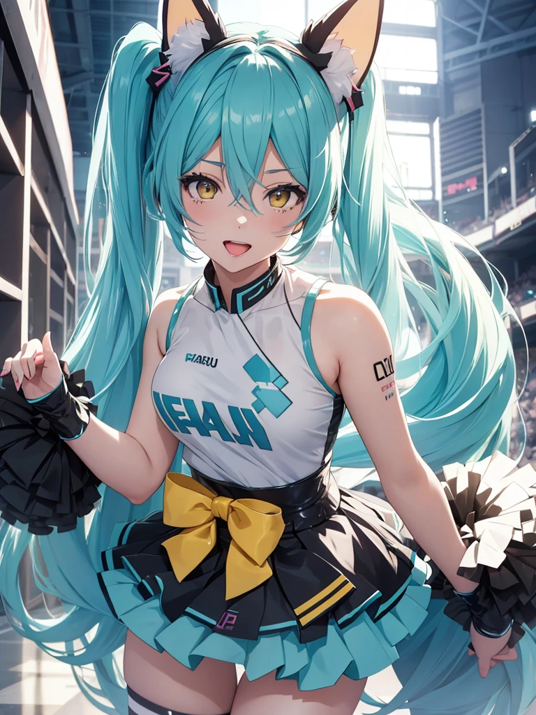 Hatsune Miku, cheerleader, showing the tongue, makeup, cat ears, yellow eyes