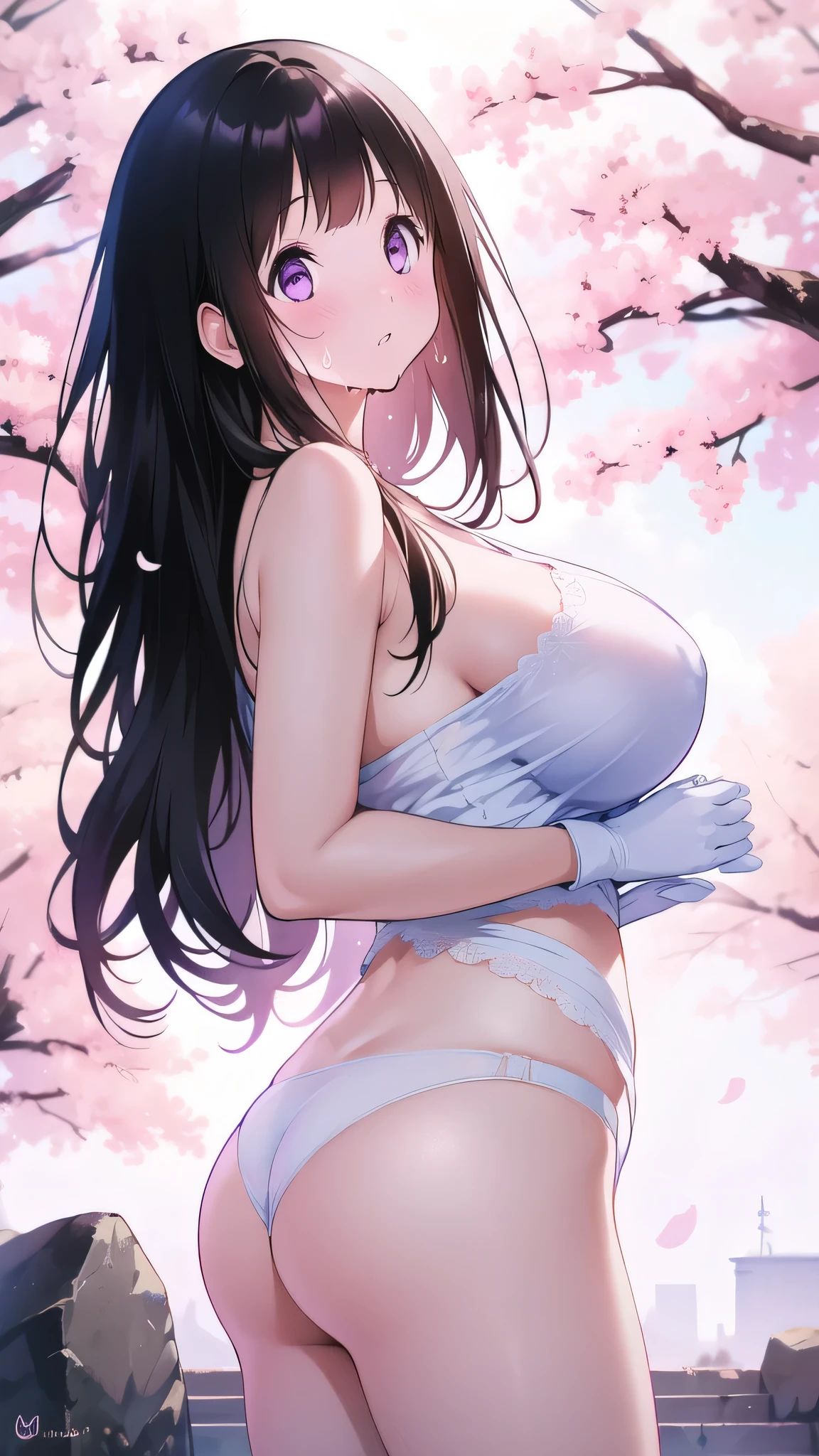 Amazing Chitanda, There is only one beautiful girl,Purple Eyes, Black Hair, Very red face,Very white skin,Glowing skin,Skin as delicate as porcelain,Naturally straight hair, Straight bangs,Extremely refined,Open lips,Long flowing hair,Beautiful Girl, Like a dream,Slim,Slim waist,soft, (sensuous), (Kawaii), Dream quality,Beautiful big breasts,Transparent loose school uniform,areola,Completely naked,Lower edge of breast,White gloves,Flower decoration,Deep V neckline,Loose neckline,Lace-up,Wide neckline,Walking in school,Place your hands on your inner thighs,Thighs clamp hands,Wet skin,Sweaty and sweaty,Sweating all over,Underwear Rain,Next to the cherry blossom trees,Back to,Lean over,Hips,Side body,Gluteal groove,Completely naked buttocks,Bare back,Completely naked back,Light transmission,(no pants),nopan,pussy juice,Bare shoulders,Bare neck,Exposed collarbone,Exposing breasts,Exposing breasts side,Exposing breasts,Show your waist,Show your buttocks,Show your thighs,Exposing the groin,(No pants),extremely shy,Ultra-high resolution, (masterpiece:1.2, best quality), (Delicate and beautiful eyes: 1.2), (Beautiful and delicate face)