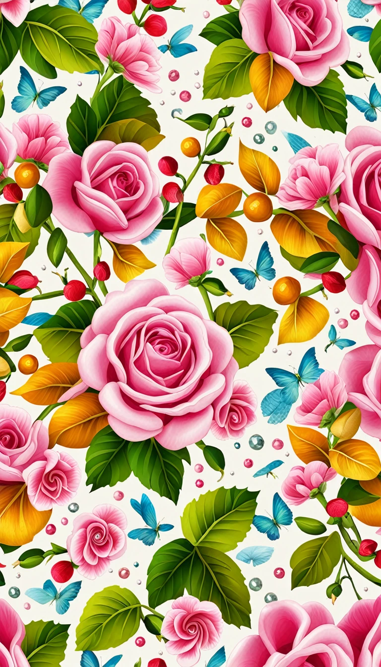 Seas of ((SUGAR CANE IN CANDY LAND)) ((ASSORTED CANDY WORLD)) In the (PINK BACKGROUND:2.0) — ocean breeze, sun-bleached driftwood, and a touch of salty sea air. ((GOLDEN stars)) colorful BERRIES, ((WHITE JASMINE)) jewels, ((COLORFUL butterfly)), ((GREEN LEAFY FLORA)), (strawberry), BLUE rose, cherry || (embroidery) seamless pattern, fruit, butterfly, diamond, pearls, Best quality, masterpiece, ultra high res, (photo realistic:1.4), surrealism, dream-like, ((abstract art)), vector arts, ((ROSE JEWEL)) a close up of a JASMINE pattern, FLOWER wallpaper, ornate FLOWER, FLOWER pattern, FLOWER explosion, FLOWER! intricate, FLOWER JEWELs colorful, chinoiserie pattern, VECTOR wallpaper, FLOWERrenewal, with colorful JEWELs and plants, FLOWERdream, garden JEWELs pattern, FLOWER patterned skin, FLOWER design, FLORAL motives, boho FLORAL vines, (8k, RAW photo, best quality, masterpiece:1.2, Sharp image, vector)