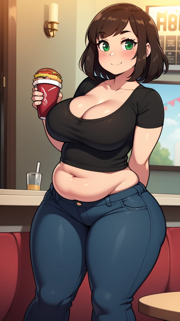 ((highres)), Masterpiece, high quality, best quality, beautiful, perfect lighting, detailed face, ultra cute face, looking at viewer, on a date, ((blush)), affectionate smile, ((1girl)), ((solo)), brown hair, fluffy hair, green eyes, jeans, crop top, tight clothes, fast food restaurant, medium breasts, cleavage, wide hips, ((thick thighs)), ((chubby)), chubby belly, standing, arms behind back, leaned over, cute pose,