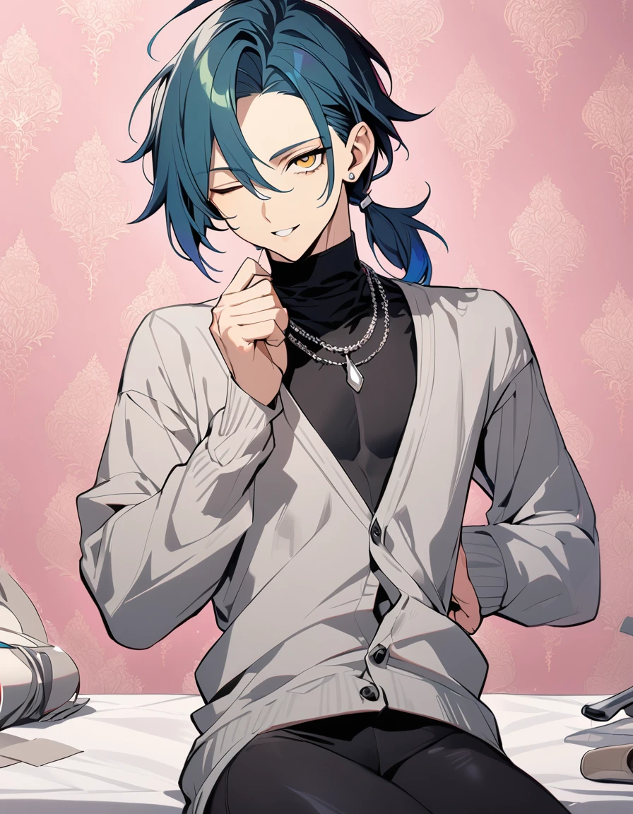 ((((best masterpiece, best quality, wallpaper,)))) solo, guy, male body, small muscles, flat chest, 1male, 30 years old, handsome man, dramatic angle, upper body, looking at viewers, beautiful detailed, finger to mouth, mediumturquoise hair, ((((Lower short ponytail)))), asymmetrical bangs, ((short hair,)) seductive smile, ((( one eye closed, gold eyes,))) (((^o^, tareme, droopy eyes,))) perfect face, extremely detailed eyes, perfect hands, sharp nose, seductive smile, clear face, black turtleneck, grey cardigan, ((silver piercing, simple silver necklace,)) leggings, pink background color ultrasharp, 8K, masterpiece,,wrenchftmfshn, fantasy clothing