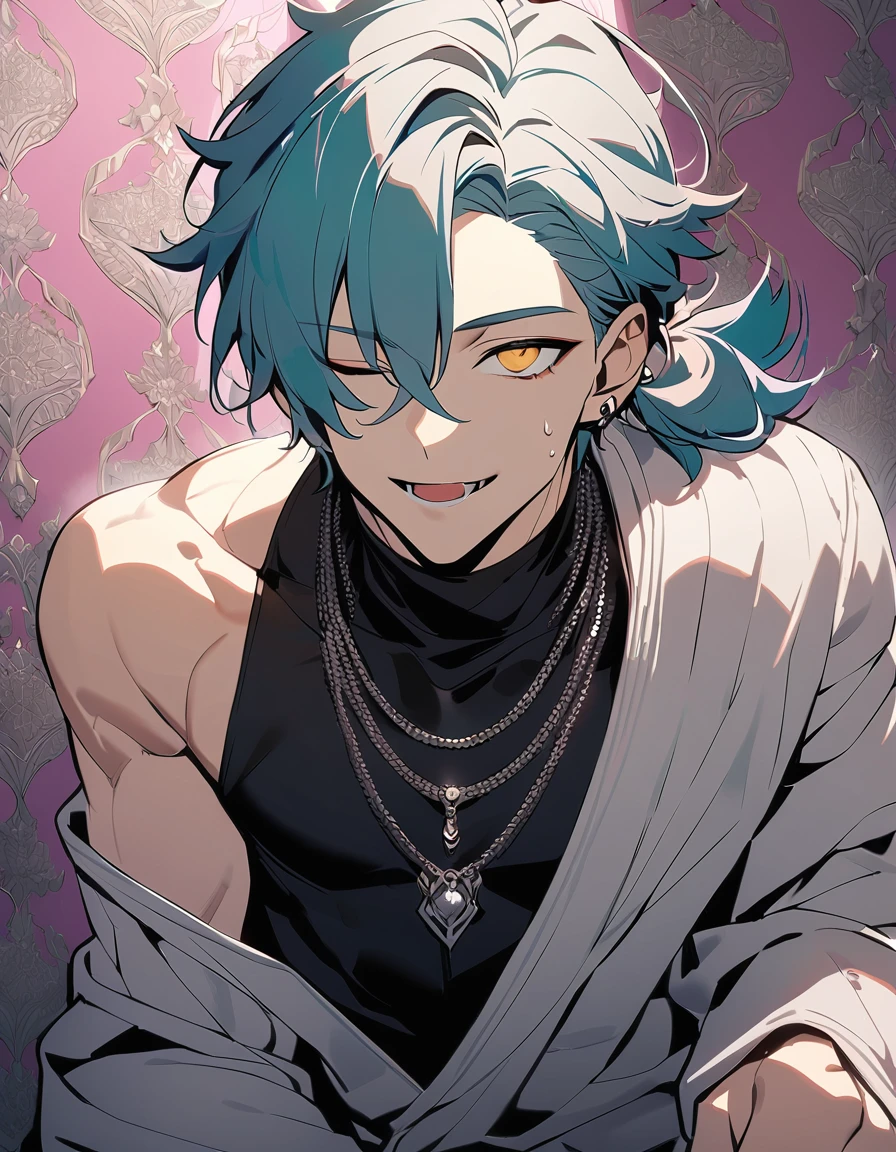 ((((best masterpiece, best quality, wallpaper,)))) solo, guy, male body, small muscles, flat chest, 1male, 30 years old, handsome man, dramatic angle, upper body, looking at viewers, beautiful detailed, finger to mouth, mediumturquoise hair, ((((Lower short ponytail)))), asymmetrical bangs, ((short hair,)) seductive smile, ((( one eye closed, gold eyes,))) (((^o^, tareme, droopy eyes,))) perfect face, extremely detailed eyes, perfect hands, sharp nose, seductive smile, clear face, black turtleneck, grey cardigan, ((silver piercing, simple silver necklace,)) leggings, pink background color ultrasharp, 8K, masterpiece,,wrenchftmfshn, fantasy clothing