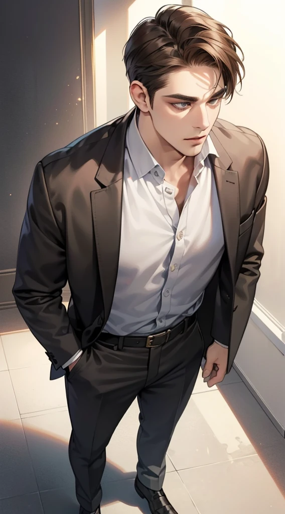 masterpiece, best quality, realistic, 1man, mature male, quiet and charming young man, 25 year old, serious look, closed mouth, portrait, extremely detailed face, cold smile, ((dark grey eyes)), ((short-right-swept dark brown hair)), [thick eyebrows], ((suit)), handsome, full body, western, Jewish, light brown skin,