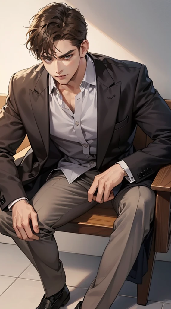 masterpiece, best quality, realistic, 1man, mature male, quiet and charming young man, 25 year old, serious look, closed mouth, portrait, extremely detailed face, cold smile, ((dark grey eyes)), ((short-right-swept dark brown hair)), [thick eyebrows], ((suit)), handsome, full body, western, Jewish, light brown skin,