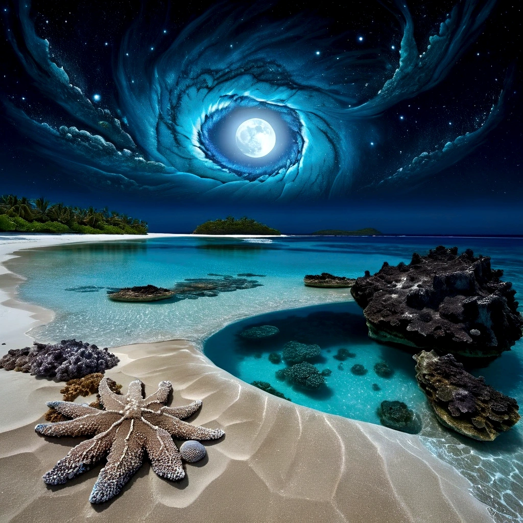 at night,crystal clear lagoons, coral reefs. blue eye cosmic, moon luminism, Fantastic Realism, complex background, highly detailed intricated, very crystal-clear turquoise blue sea, tranquil, peaceful, dreamy, fantasy, unforgettable, unique experience, romantic, serene, soft light, bioluminescent, small waves crashing onto the sandy beach, the beach stretches towards the horizon