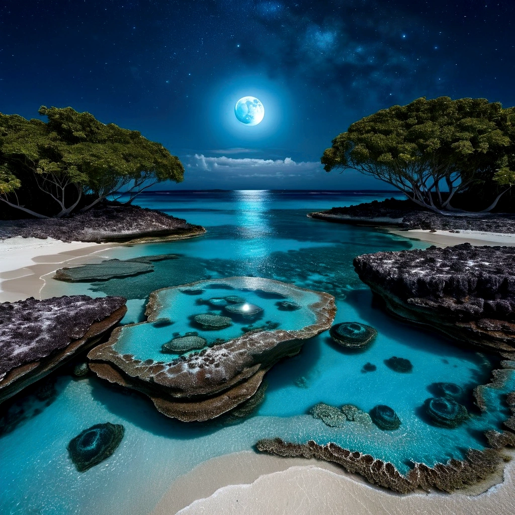 at night,crystal clear lagoons, coral reefs. blue eye cosmic, moon luminism, Fantastic Realism, complex background, highly detailed intricated, very crystal-clear turquoise blue sea, tranquil, peaceful, dreamy, fantasy, unforgettable, unique experience, romantic, serene, soft light, bioluminescent, small waves crashing onto the sandy beach, the beach stretches towards the horizon