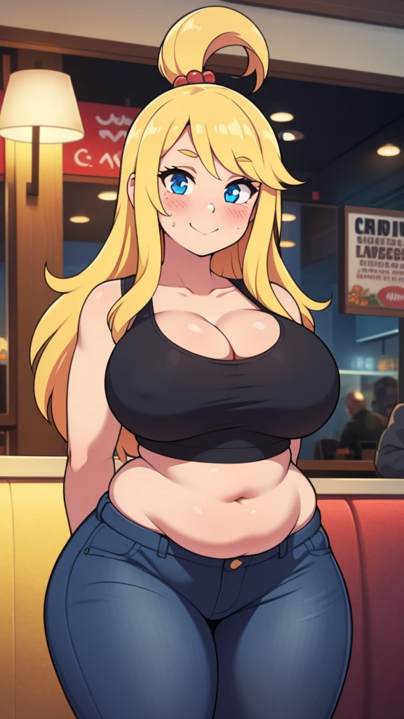 ((highres)), Masterpiece, high quality, best quality, beautiful, perfect lighting, detailed face, ultra cute face, looking at viewer, on a date, ((blush)), affectionate smile, ((1girl)), ((solo)), long blonde hair, fluffy hair, blue eyes, jeans, crop top, tight clothes, fast food restaurant, large breasts, cleavage, wide hips, ((thick thighs)), ((chubby)), chubby belly, standing, arms behind back, leaned over, cute pose,