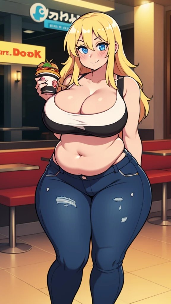 ((highres)), Masterpiece, high quality, best quality, beautiful, perfect lighting, detailed face, ultra cute face, looking at viewer, on a date, ((blush)), affectionate smile, ((1girl)), ((solo)), long blonde hair, fluffy hair, blue eyes, jeans, crop top, tight clothes, fast food restaurant, large breasts, cleavage, wide hips, ((thick thighs)), ((chubby)), chubby belly, standing, arms behind back, leaned over, cute pose,