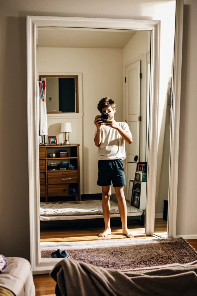 Create a teenager (man) where he is in his room, in which he is taking a photo in his mirror. and make it very realistic