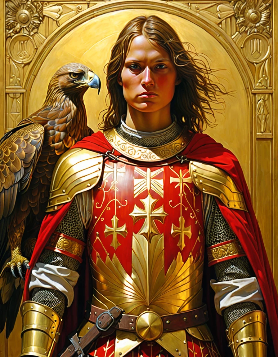 painting of a man in red and gold armor with a golden eagle on his chest, holy medieval crusader, santo knightgirl medieval cruzado, holy medieval crusader, knightgirl holy medieval crusader, retrato de knightgirl, pintura renascentista de um knightgirl, retrato de um knightgirl , pintura de um knightgirl, de Brian Despain, knightgirl blindado de vermelho, knightgirl, andrey remnev, holy crusade, anatomically correcte, super detaill, best qualityer, 4K