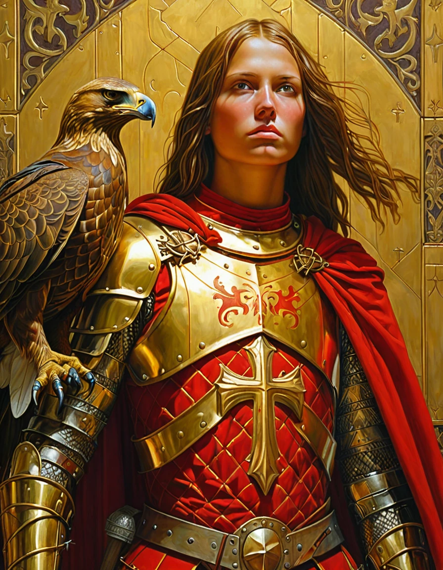 painting of a man in red and gold armor with a golden eagle on his chest, holy medieval crusader, santo knightgirl medieval cruzado, holy medieval crusader, knightgirl holy medieval crusader, retrato de knightgirl, pintura renascentista de um knightgirl, retrato de um knightgirl , pintura de um knightgirl, de Brian Despain, knightgirl blindado de vermelho, knightgirl, andrey remnev, holy crusade, anatomically correcte, super detaill, best qualityer, 4K