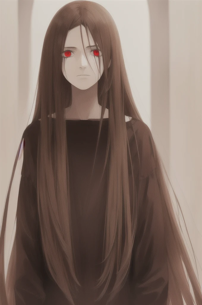 woman, long straight light brown hair, red eyes, with old clothes, dark inhabitant of terror, alone, scary face