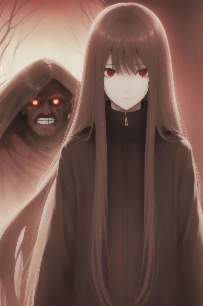 woman, long straight light brown hair, red eyes, with old clothes, dark inhabitant of terror, alone, scary face