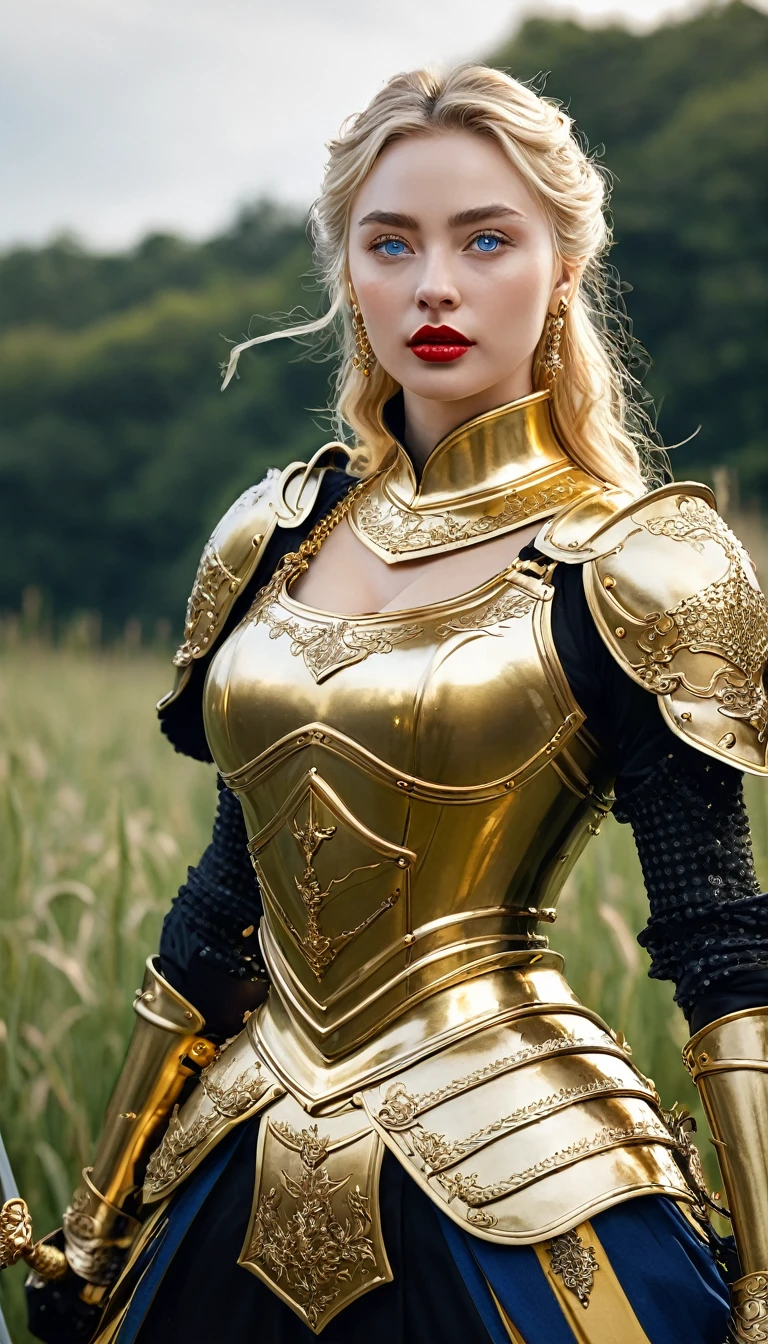 masterpiece,Highest quality,wonderful,(Female Knight_Female Knight:1),(Full body golden armor:1.3), (35歳のFemale Knight:1.3),、Big and ample breasts, Big Breasts,Big Breasts,belly button,Hyper Real,中世ヨーロッパの都市のbattlefieldにいる,Expressionless,、British women、Delicate skin texture to the smallest detail 、(Detailed blue eyes)、(Chubby body type))、(Very large)、Middle-aged women、(ふわふわblondeの長い髪)、Wheat tanned skin、(blonde)、Very large、European Female Knight、Big Breastsの谷間、豪華に装飾されたFull body golden armor、Medieval witch、High Leg、Golden long boots with flashy decorations、Deep neckline、Pure gold and jewellery necklaces and collars、Big gold earrings、Bright red lips、豪華なFull body golden armorを着て、Gold Long Gloves、She has a big long sword、The sword is ornately decorated..........................、The blade is pitch black、(Female Knight)、(battlefield)、