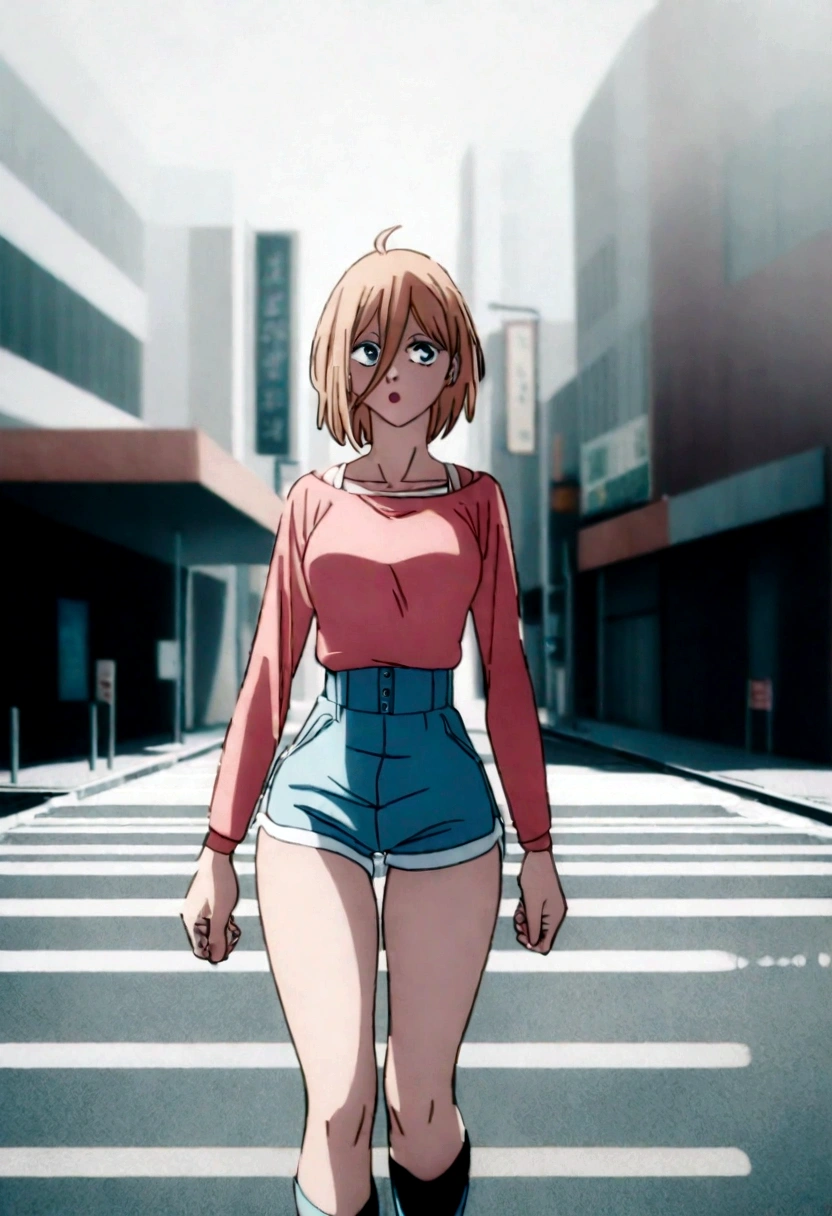 1 garora, wearing a short pink blouse showing her waist,in short shorts walking in the city