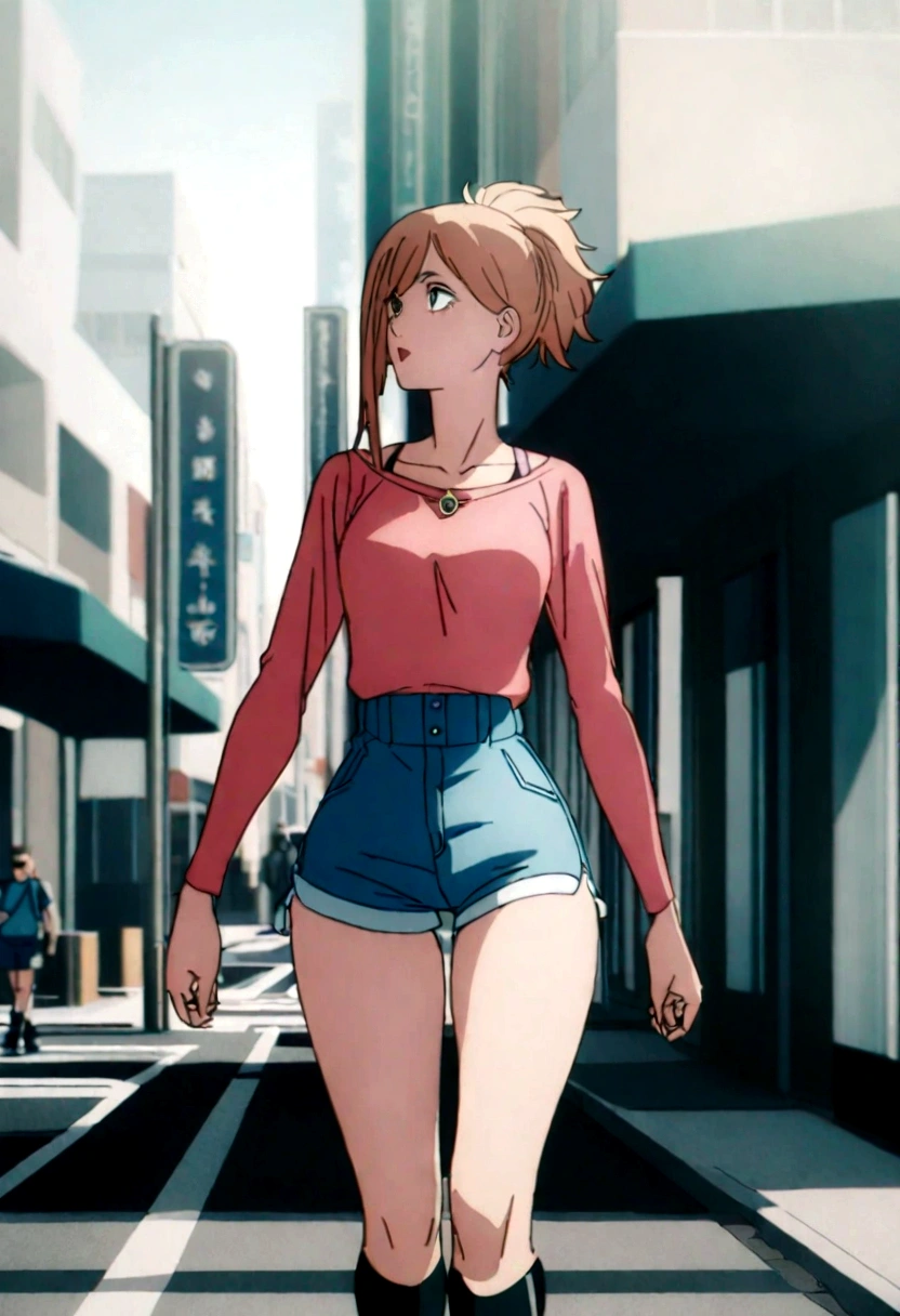 1 garora, wearing a short pink blouse showing her waist,in short shorts walking in the city