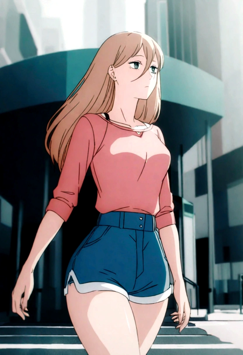 1 garora, wearing a short pink blouse showing her waist,in short shorts walking in the city