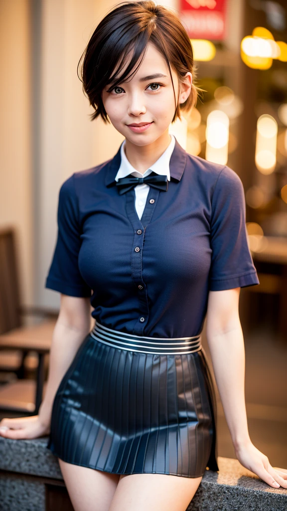 (8k, RAW photo, best quality, masterpiece:1.2), (realistic, photo-realistic:1.37), ultra-detailed,
1 girl,cute, solo,beautiful detailed sky,detailed cafe,night,sitting,dating,(nose blush),(smile:1.1),(closed mouth),large breasts, seductive smile, large aparture, professional lighting, Sony A7R4, Zessie 50mm F1.8,
medium breasts,beautiful detailed eyes,(collared shirt:1.1), bowtie,pleated skirt,(short hair:1.2),floating hair
