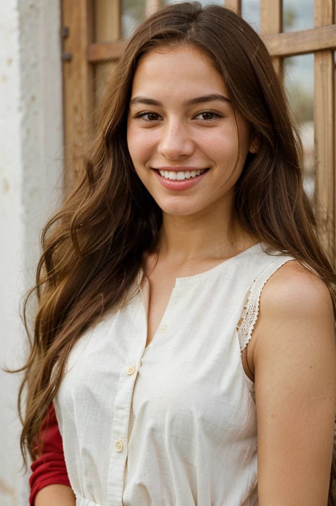 a photo-realistic portrait of a beautiful Palestinian woman with long brown hair, light red shirt, white teeth, and a cute smile, with highly detailed and realistic facial features, modest expression, and realistic white skin tone