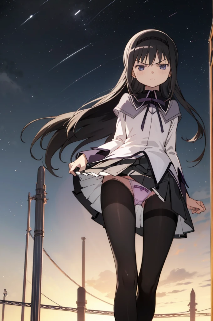 solo, 1girl, looking at viewer, , homura akemi, magical girl, closed mouth,black hose,miniskirt,(((lift skirt, panti below))),,,night,outdoor,(angry)