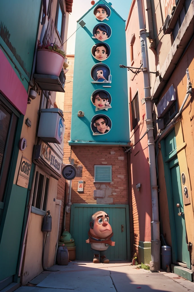 a 3d pixar disney style movie poster with the text" in an alley putting up a poster